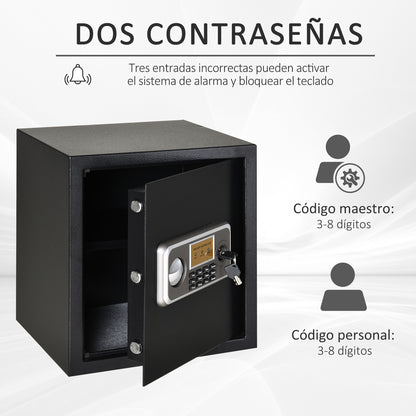 HOMCOM Cofre eletrônico sólido Caixa de segurança com chave 2 Códigos para casa Escritório Capacidade 32L Aço 35x30x39,3 cm Pret