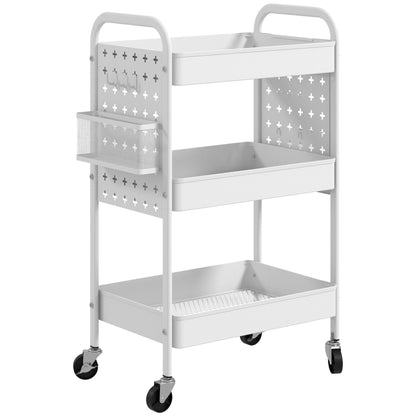 HOMCOM Carrinho Auxiliar com Rodas de Aço Carrinho de Armazenamento com 3 Bandejas 2 Cestos Pendurados e 6 Ganchos para Sala Cozinha Casa de Banho 53,5x30,5x75 cm Branco