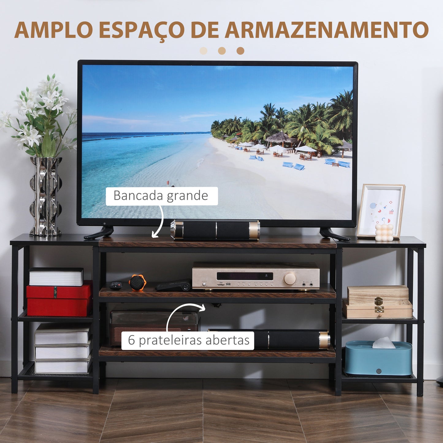 HOMCOM Móvel de TV para Televisores de até 65 Polegadas Armário para TV com 6 Prateleiras Abertas para Dormitório Estilo Industrial 140x40x50cm Marrom e Preto