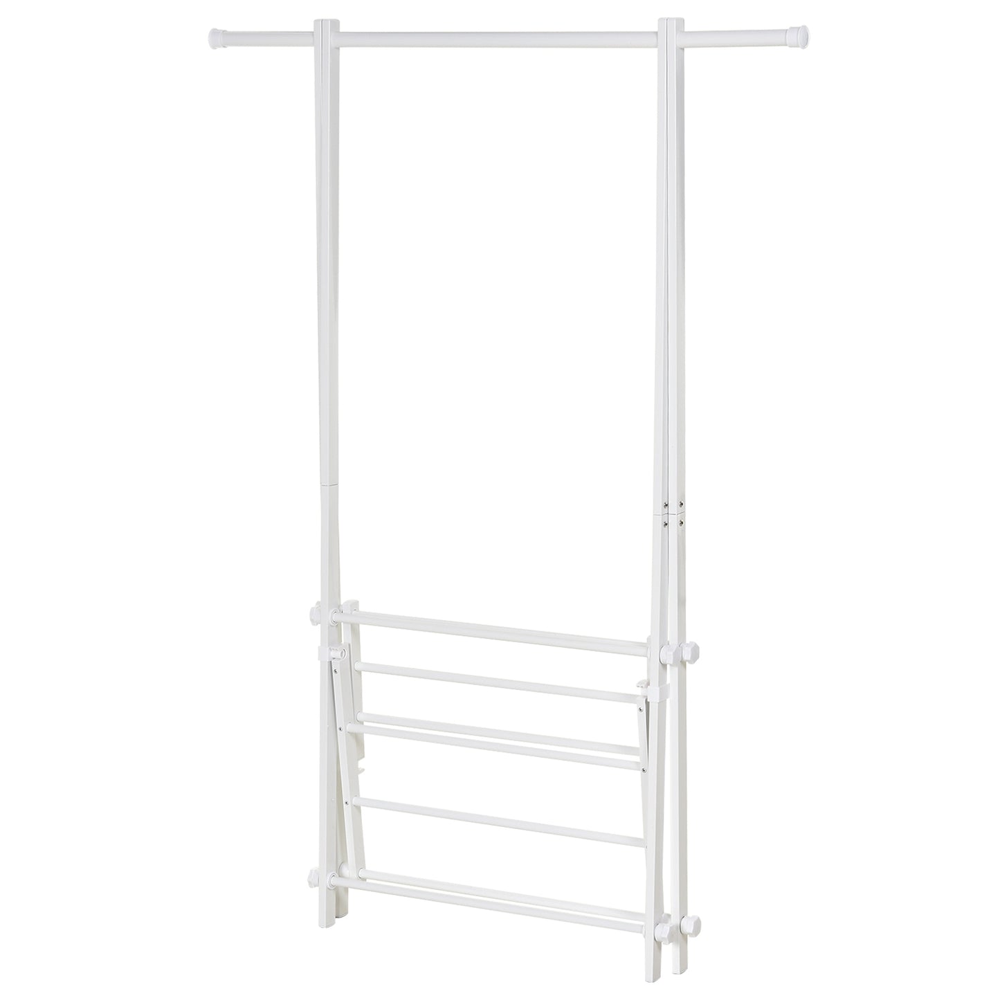 HOMCOM Suporte para Cabide Dobrável Suporte para Cabide com 2 Prateleiras e 1 Barras para Pendurar Roupas para Sala Quarto Entrada 107,5x45x150 cm Branco