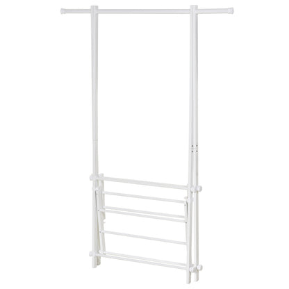 HOMCOM Suporte para Cabide Dobrável Suporte para Cabide com 2 Prateleiras e 1 Barras para Pendurar Roupas para Sala Quarto Entrada 107,5x45x150 cm Branco