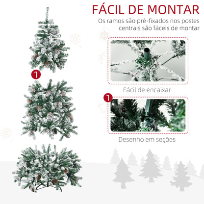 HOMCOM Árvore de Natal Artificial Altura 180 cm Árvore Nevada com 695 Ramos 57 Pinhas e Base de Aço Dobrável Ø104x180 cm Verde