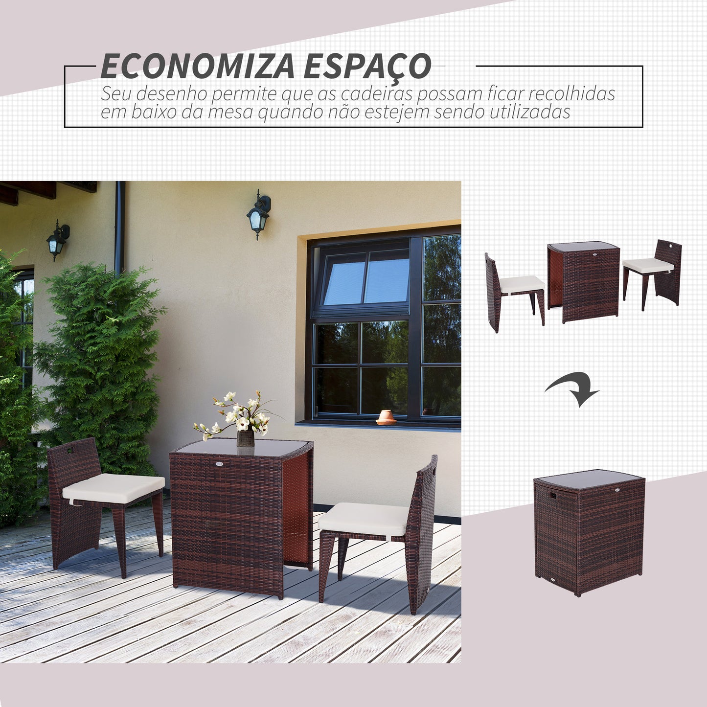 conjunto de mobiliário de exterior 1 Mesa e 2 Cadeiras cor Castanho