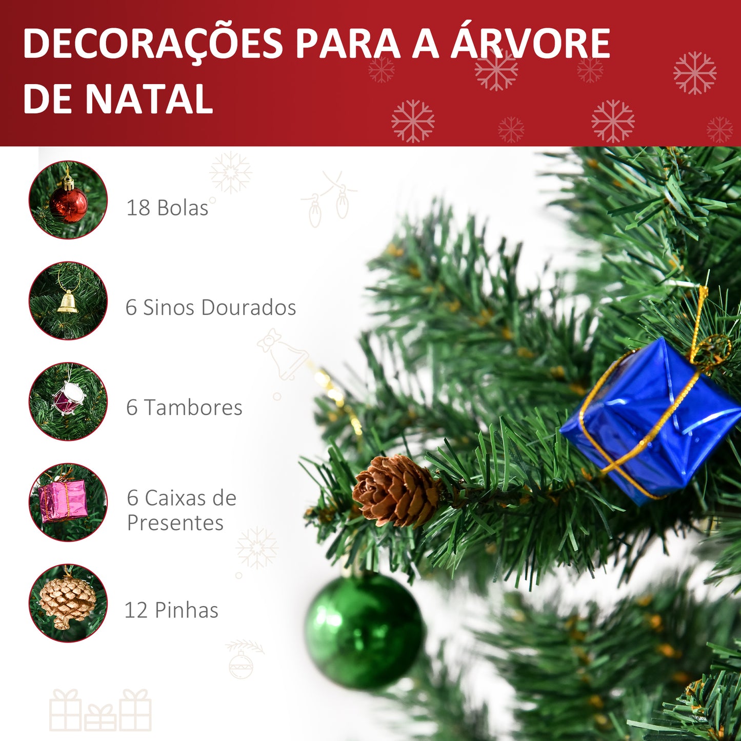 HOMCOM Árvore de Natal Artificial 180cm Ignífugo com 624 Ramos 48 Decorações Folhas de PVC e Suporte Metálico Decoração de Natal para Interior Verde