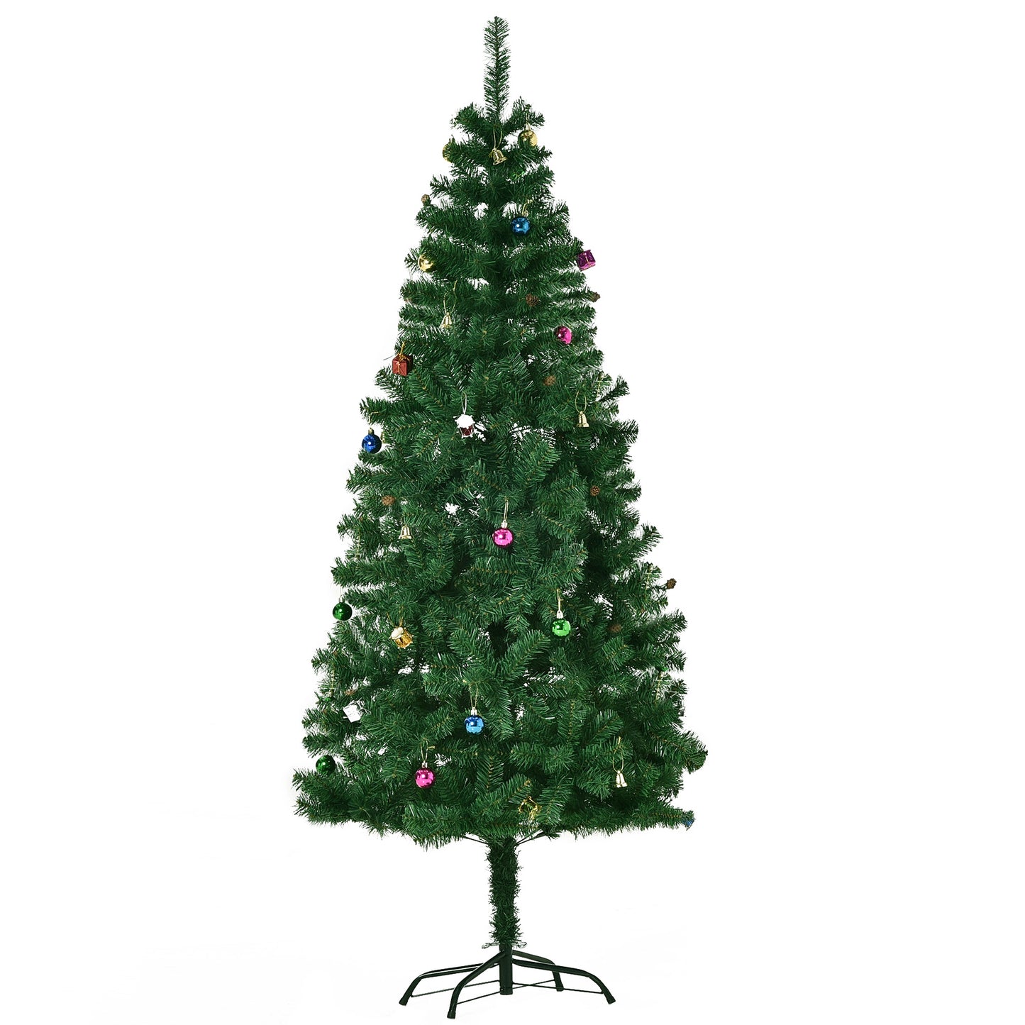 HOMCOM Árvore de Natal Artificial 180cm Ignífugo com 624 Ramos 48 Decorações Folhas de PVC e Suporte Metálico Decoração de Natal para Interior Verde