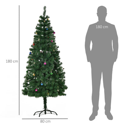 HOMCOM Árvore de Natal Artificial 180cm Ignífugo com 624 Ramos 48 Decorações Folhas de PVC e Suporte Metálico Decoração de Natal para Interior Verde