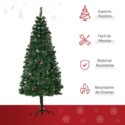 HOMCOM Árvore de Natal Artificial 180cm Ignífugo com 624 Ramos 48 Decorações Folhas de PVC e Suporte Metálico Decoração de Natal para Interior Verde