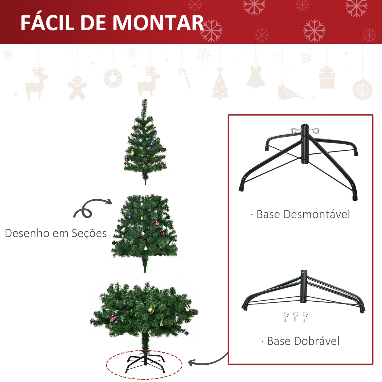 HOMCOM Árvore de Natal Artificial 180cm Ignífugo com 624 Ramos 48 Decorações Folhas de PVC e Suporte Metálico Decoração de Natal para Interior Verde