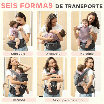 AIYAPLAY Marsúpio para Recém Nascidos até 36 Meses Mochila Porta Bebés 6 m 1 com Assento Amovível Cinto Ajustável e Bolso de Armazenamento Carga 15 kg 40x30x57 cm Cinza