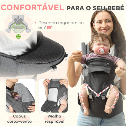 AIYAPLAY Marsúpio para Recém Nascidos até 36 Meses Mochila Porta Bebés 6 m 1 com Assento Amovível Cinto Ajustável e Bolso de Armazenamento Carga 15 kg 40x30x57 cm Cinza