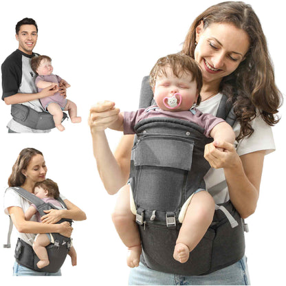 AIYAPLAY Marsúpio para Recém Nascidos até 36 Meses Mochila Porta Bebés 6 m 1 com Assento Amovível Cinto Ajustável e Bolso de Armazenamento Carga 15 kg 40x30x57 cm Cinza