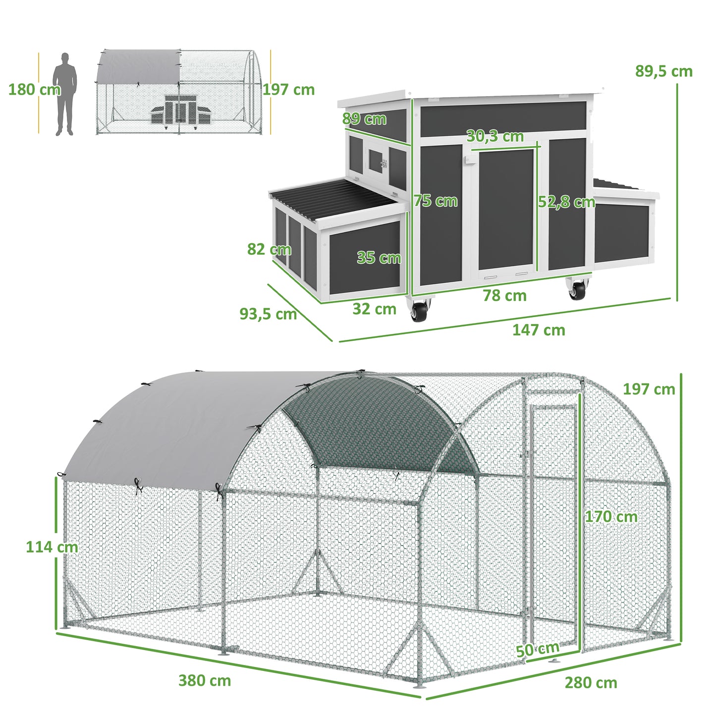 PawHut Conjunto de 1 Galinheiro de Madeira com Janela Porta Ninho 147x93,5x89,5 cm e 1Galinheiro Grande de Exterior em Aço Galvanizado 280x190x197 cm