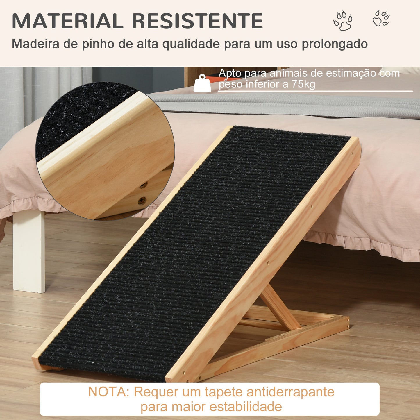 PawHut Rampa Dobrável para Cães e Gatos de Madeira com Altura Ajustável de 4 Níveis e Tapete Antiderrapante Escada para Animais de estimação para Cama Sofá 90x40x61cm Natural e Preto