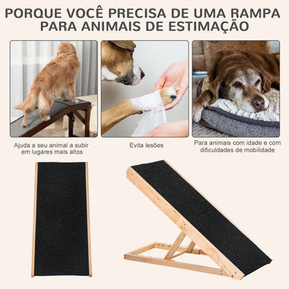 PawHut Rampa Dobrável para Cães e Gatos de Madeira com Altura Ajustável de 4 Níveis e Tapete Antiderrapante Escada para Animais de estimação para Cama Sofá 90x40x61cm Natural e Preto