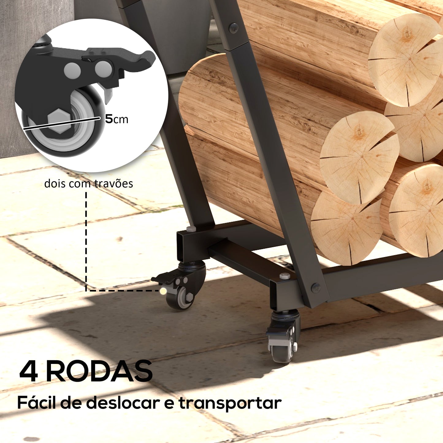 Outsunny Suporte para Lenha Suporte para Lenha Metálico Lenheiro de Exterior com Rodas e Gancho para Interior e Exterior Carga 50 kg 79x30x81 cm Preto