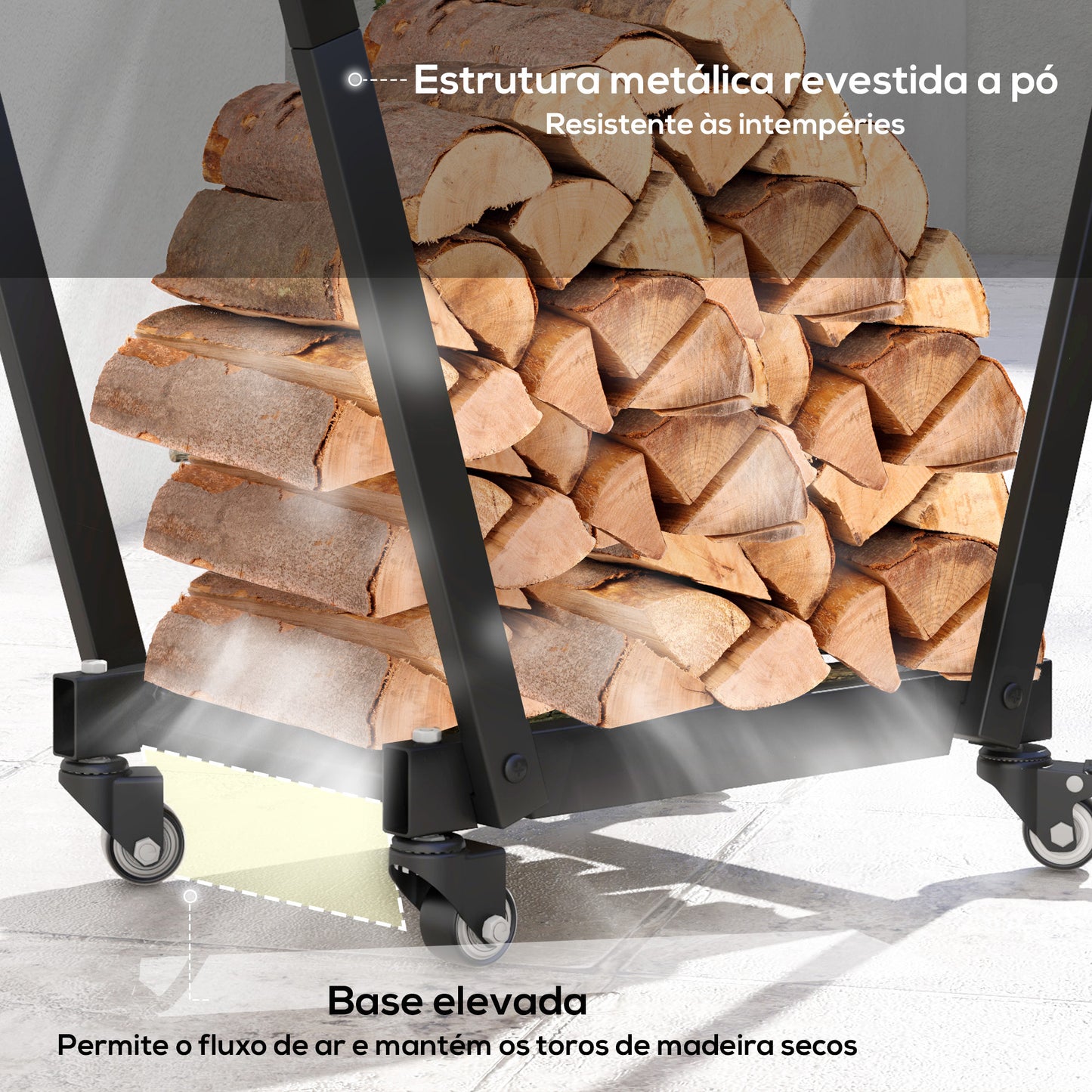 Outsunny Suporte para Lenha Suporte para Lenha Metálico Lenheiro de Exterior com Rodas e Gancho para Interior e Exterior Carga 50 kg 79x30x81 cm Preto