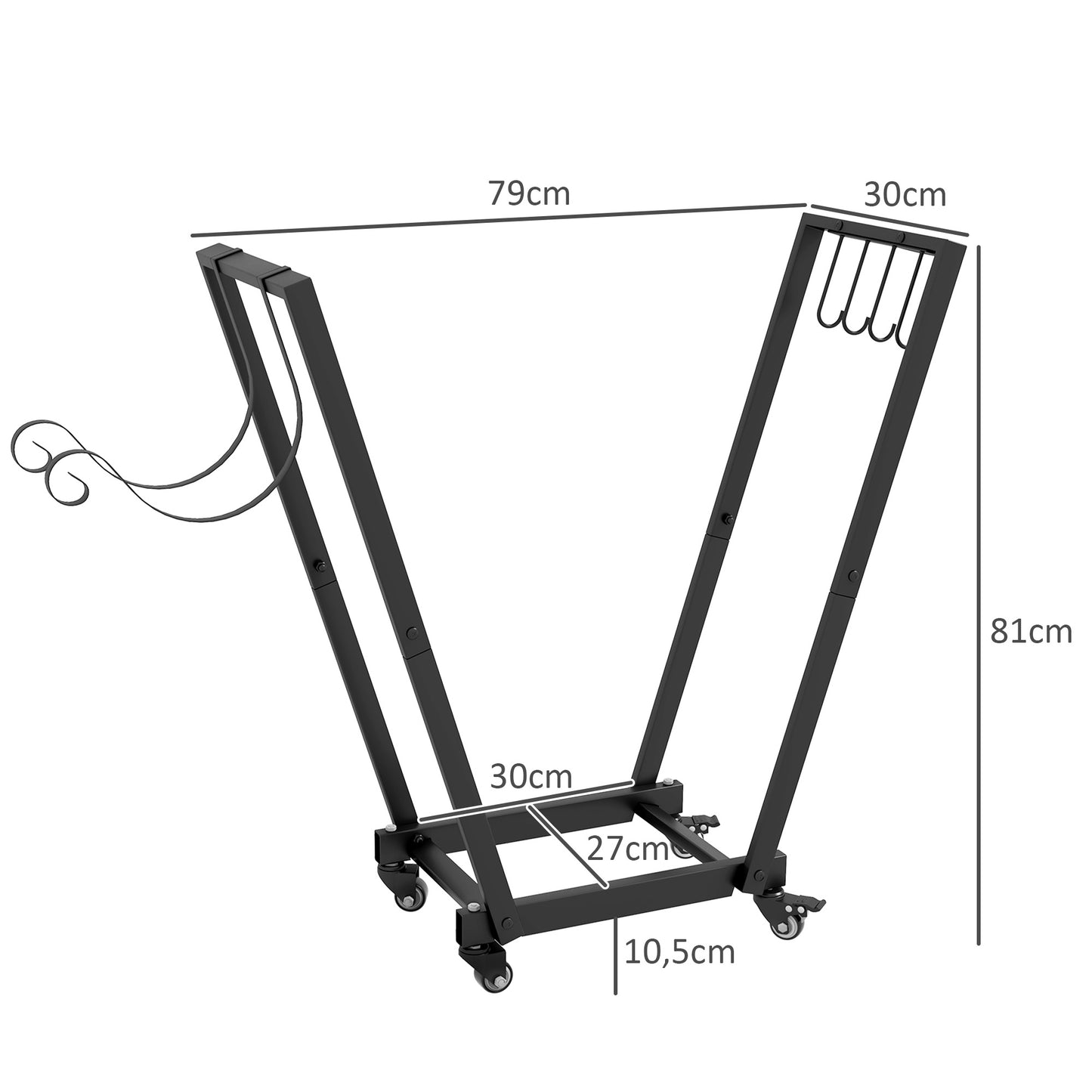 Outsunny Suporte para Lenha Suporte para Lenha Metálico Lenheiro de Exterior com Rodas e Gancho para Interior e Exterior Carga 50 kg 79x30x81 cm Preto