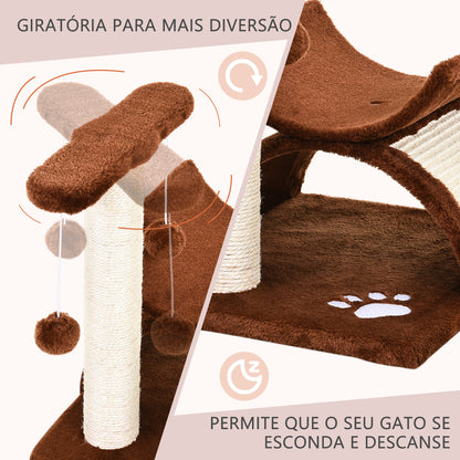 PawHut Árvore Arranhador para Gatos Pequena 43 cm Torre para Gatos com Poste Giratório Bolas Suspensas Plataforma Curva e Esconderijo 40x30x43 cm Marrom