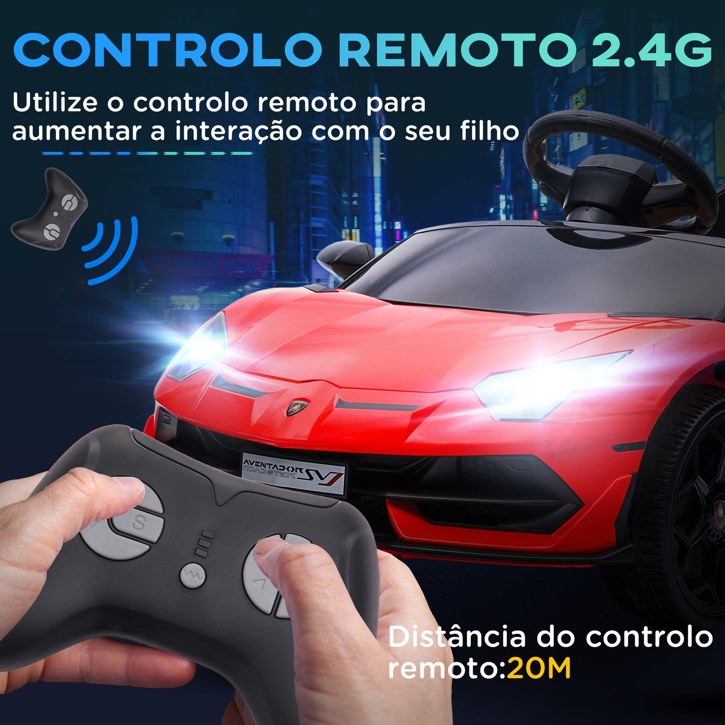 HOMCOM Carro Elétrico Lamborghini para Crianças de 37 a 60 Meses Carro Elétrico a Bateria 12V Velocidade Máxima 5km/h Controlo Remoto MP3 Luzes e Cinto de Segurança 107,5x63x42 cm Vermelho