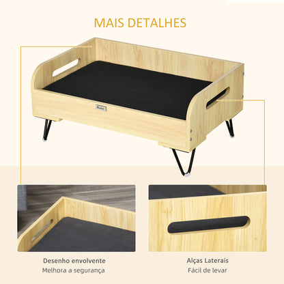 PawHut Sofá de Madeira para Cães Gatos Cama para Animais de Estimação Pequenos com Almofada Acolchoada Removível Alças e Pés Elevados de Aço 70x45x32cm Carvalho e Preto