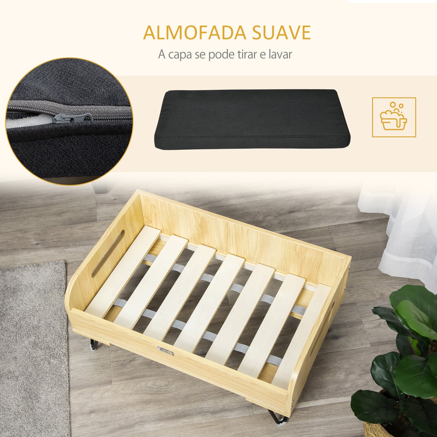 PawHut Sofá de Madeira para Cães Gatos Cama para Animais de Estimação Pequenos com Almofada Acolchoada Removível Alças e Pés Elevados de Aço 70x45x32cm Carvalho e Preto