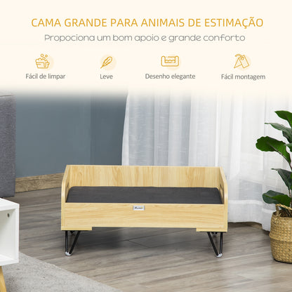 PawHut Sofá de Madeira para Cães Gatos Cama para Animais de Estimação Pequenos com Almofada Acolchoada Removível Alças e Pés Elevados de Aço 70x45x32cm Carvalho e Preto