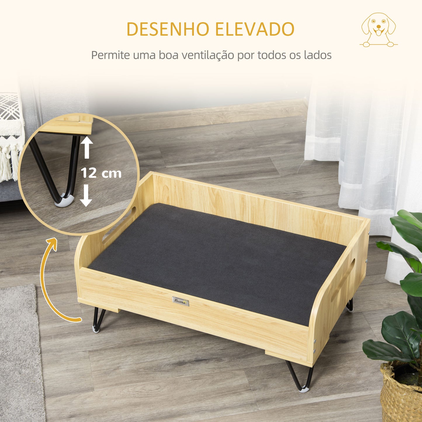 PawHut Sofá de Madeira para Cães Gatos Cama para Animais de Estimação Pequenos com Almofada Acolchoada Removível Alças e Pés Elevados de Aço 70x45x32cm Carvalho e Preto