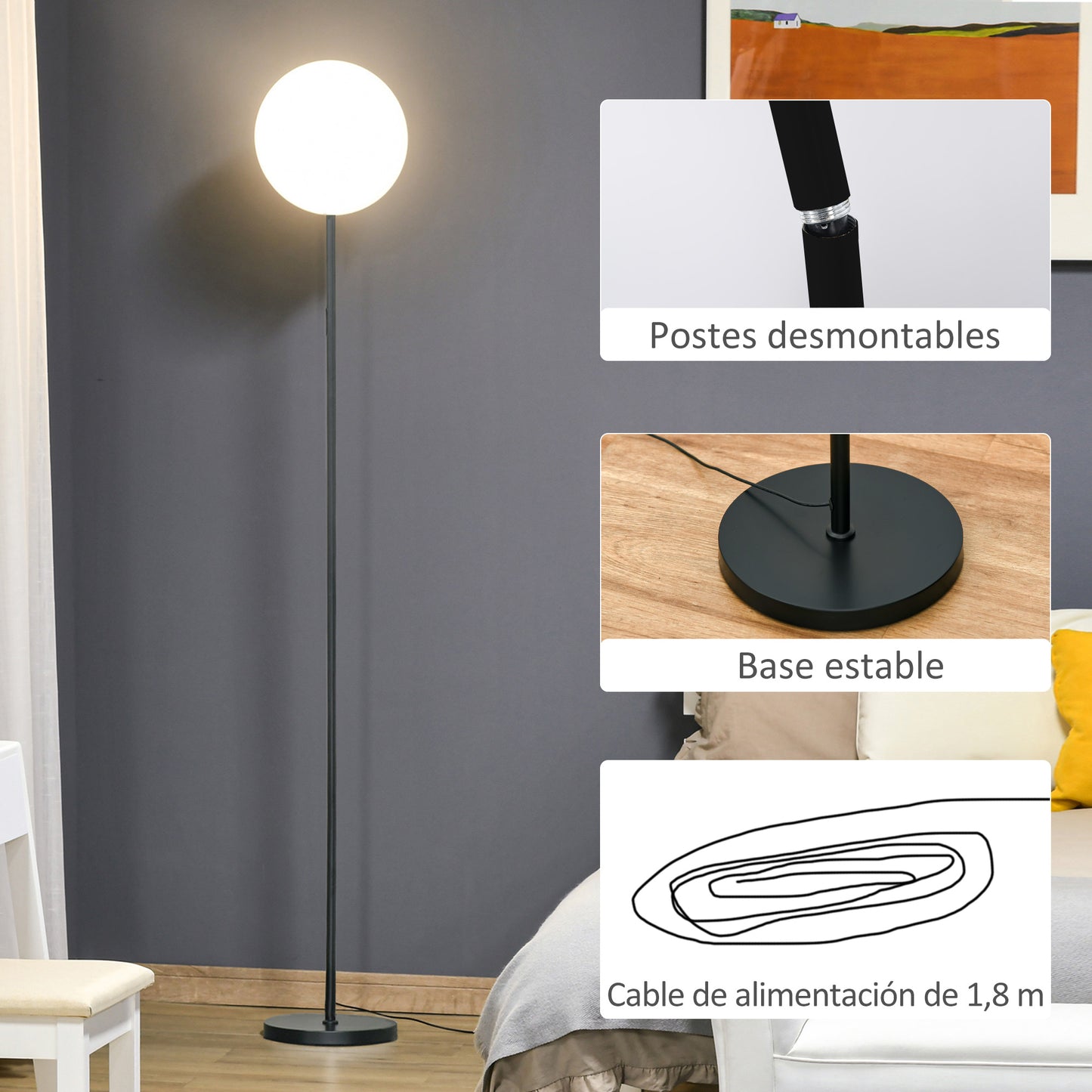 HOMCOM Candeeiro de Pé LED 18W/1800 lm com 3 Brilhos Ajustáveis Ecrã Giratório e Base de Metal Candeeiro de Leitura Moderno para Sala de Estar Dormitório Ø28x171,5cm Preto