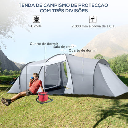 Outsunny Tenda de Campismo Familiar para 4-6 Pessoas Tenda de Campismo Dobrável com 2 Janelas e Bolsa de Transporte Impermeável Anti-UV para Caminhadas 590x245x193 cm Cinza