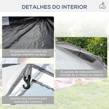 Outsunny Tenda de Campismo Familiar para 4-6 Pessoas Tenda de Campismo Dobrável com 2 Janelas e Bolsa de Transporte Impermeável Anti-UV para Caminhadas 590x245x193 cm Cinza