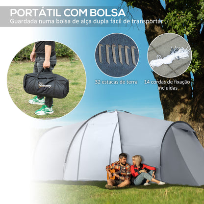 Outsunny Tenda de Campismo Familiar para 4-6 Pessoas Tenda de Campismo Dobrável com 2 Janelas e Bolsa de Transporte Impermeável Anti-UV para Caminhadas 590x245x193 cm Cinza