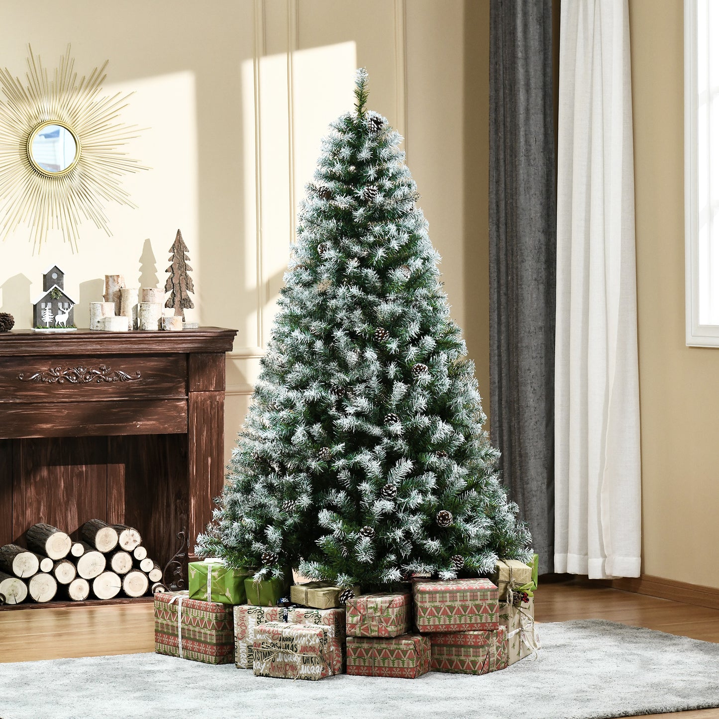 Árvore de Natal Artificial 180cm com 800 Ramos e 61 Pinhas Folhas de PVC com Efeito de Neve Base Dobrável e Suporte Metálico para Interiores Verde