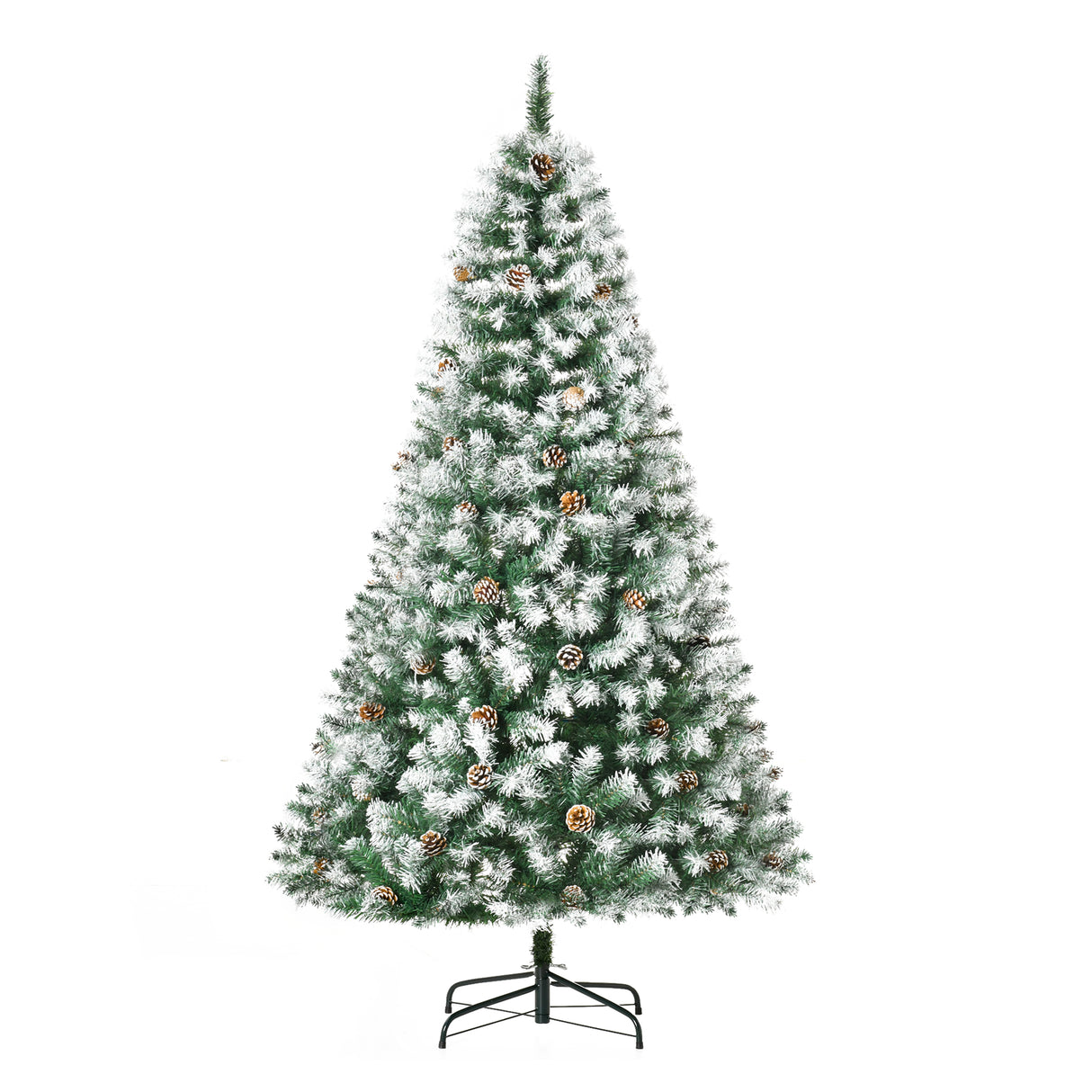 Árvore de Natal Artificial 180cm com 800 Ramos e 61 Pinhas Folhas de PVC com Efeito de Neve Base Dobrável e Suporte Metálico para Interiores Verde