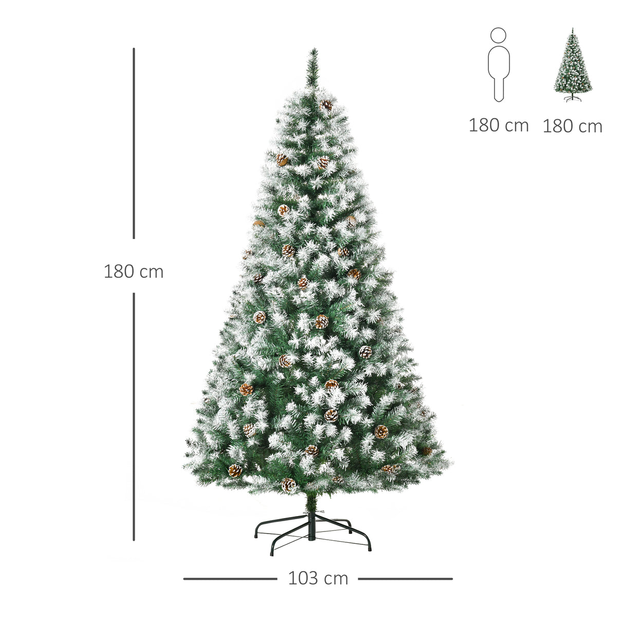 Árvore de Natal Artificial 180cm com 800 Ramos e 61 Pinhas Folhas de PVC com Efeito de Neve Base Dobrável e Suporte Metálico para Interiores Verde