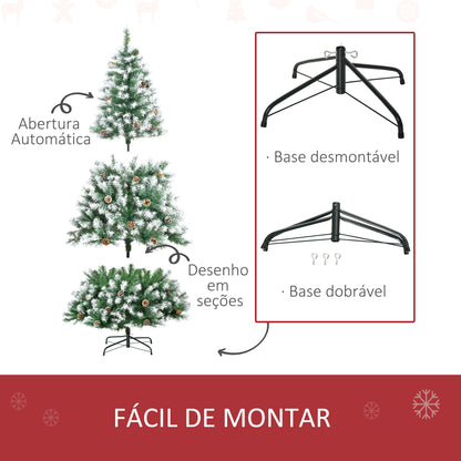 Árvore de Natal Artificial 180cm com 800 Ramos e 61 Pinhas Folhas de PVC com Efeito de Neve Base Dobrável e Suporte Metálico para Interiores Verde