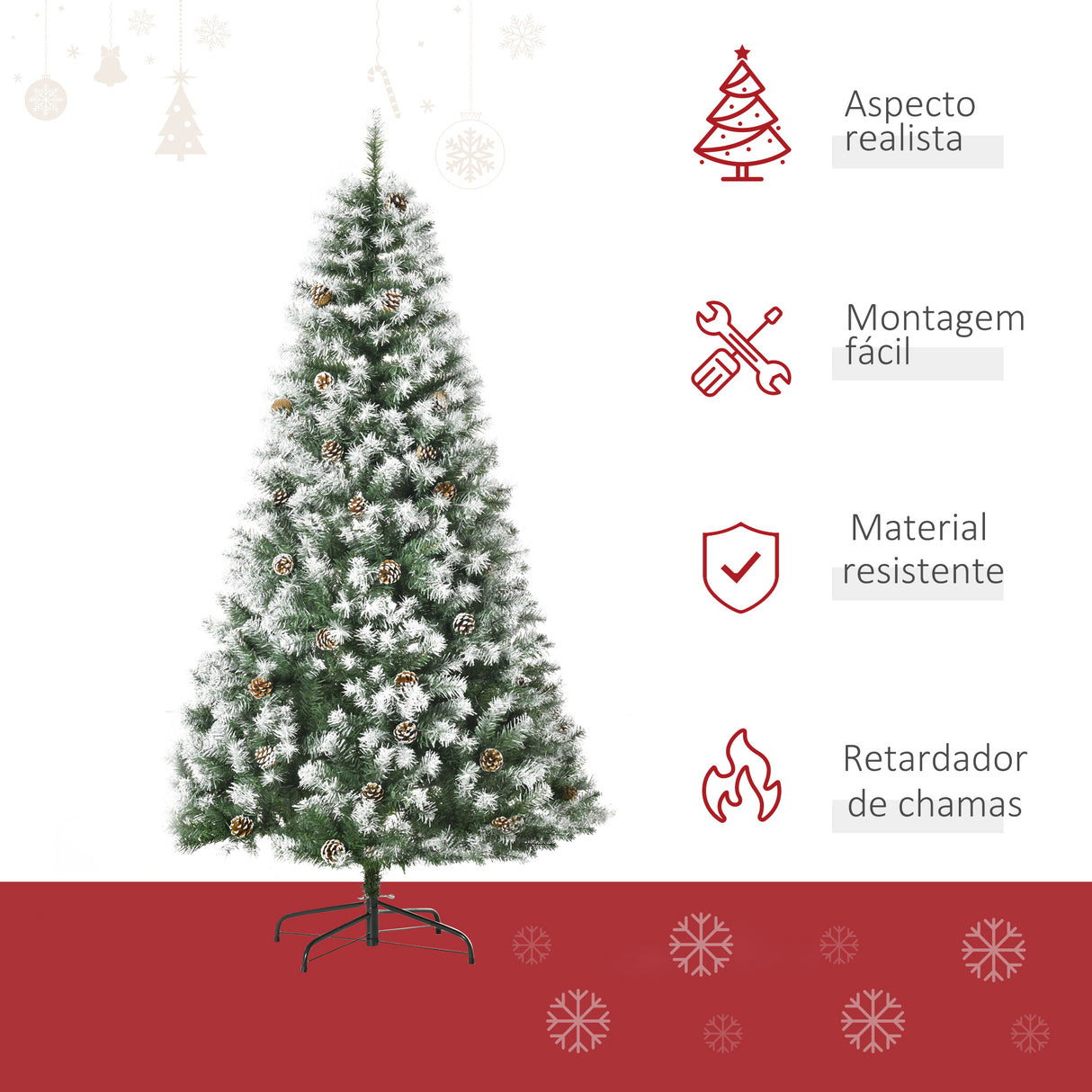 Árvore de Natal Artificial 180cm com 800 Ramos e 61 Pinhas Folhas de PVC com Efeito de Neve Base Dobrável e Suporte Metálico para Interiores Verde