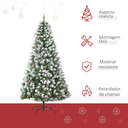 Árvore de Natal Artificial 180cm com 800 Ramos e 61 Pinhas Folhas de PVC com Efeito de Neve Base Dobrável e Suporte Metálico para Interiores Verde