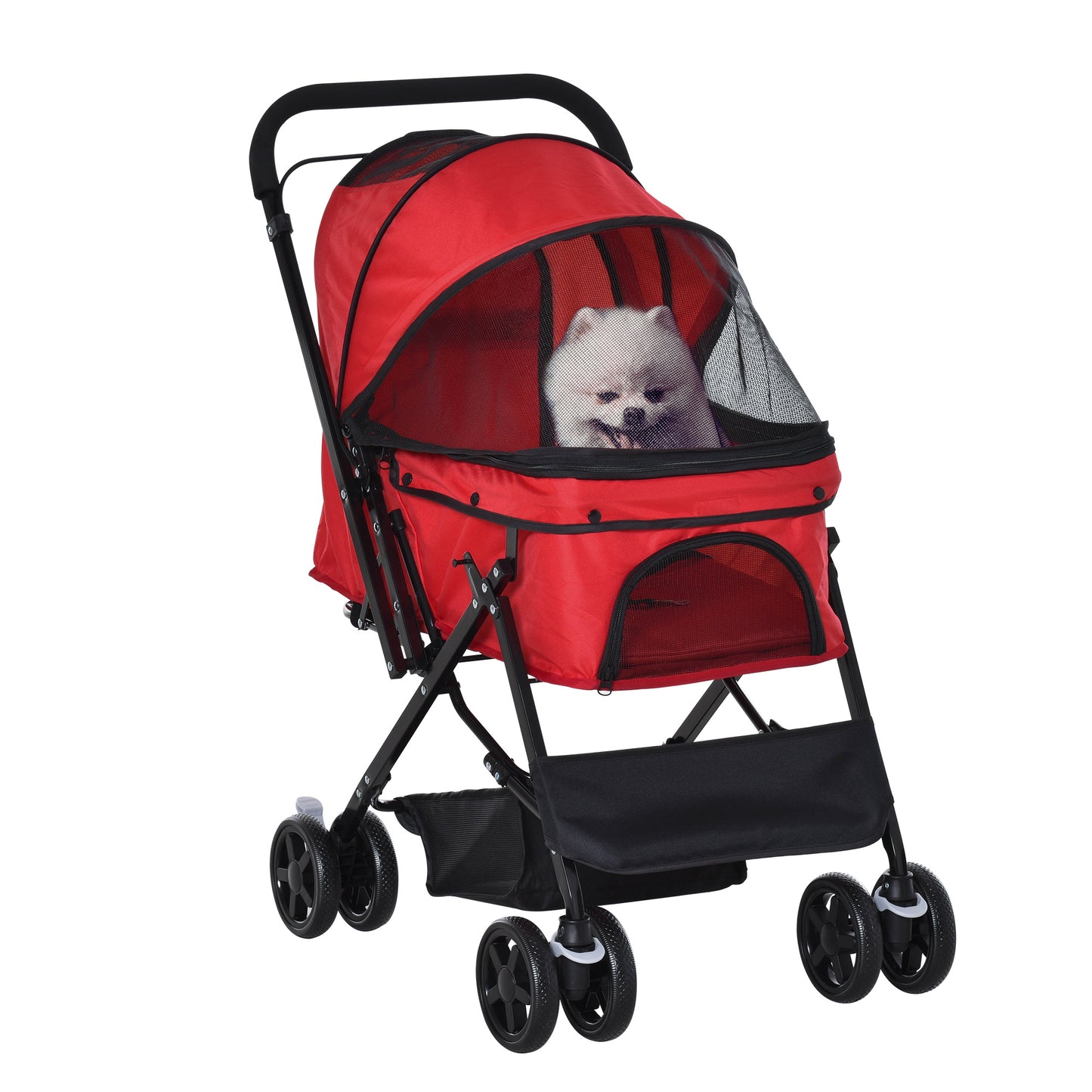 PawHut Carrinho para Animais de Estimação Dobrável Carro para Cães e Gatos com Capô Ajustável Cesta de Armazenamento Cinto de Segurança Tecido Oxford 600D Aço 76,5x52x95cm Vermelho