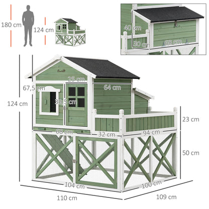 PawHut Galinheiro de Madeira Exterior Gaiola para 2 Galinhas com Grade de Arame Floreira para Cultivo Ninho Teto Asfáltico Bandeja Removível e Rampa 110x109x124cm Verde