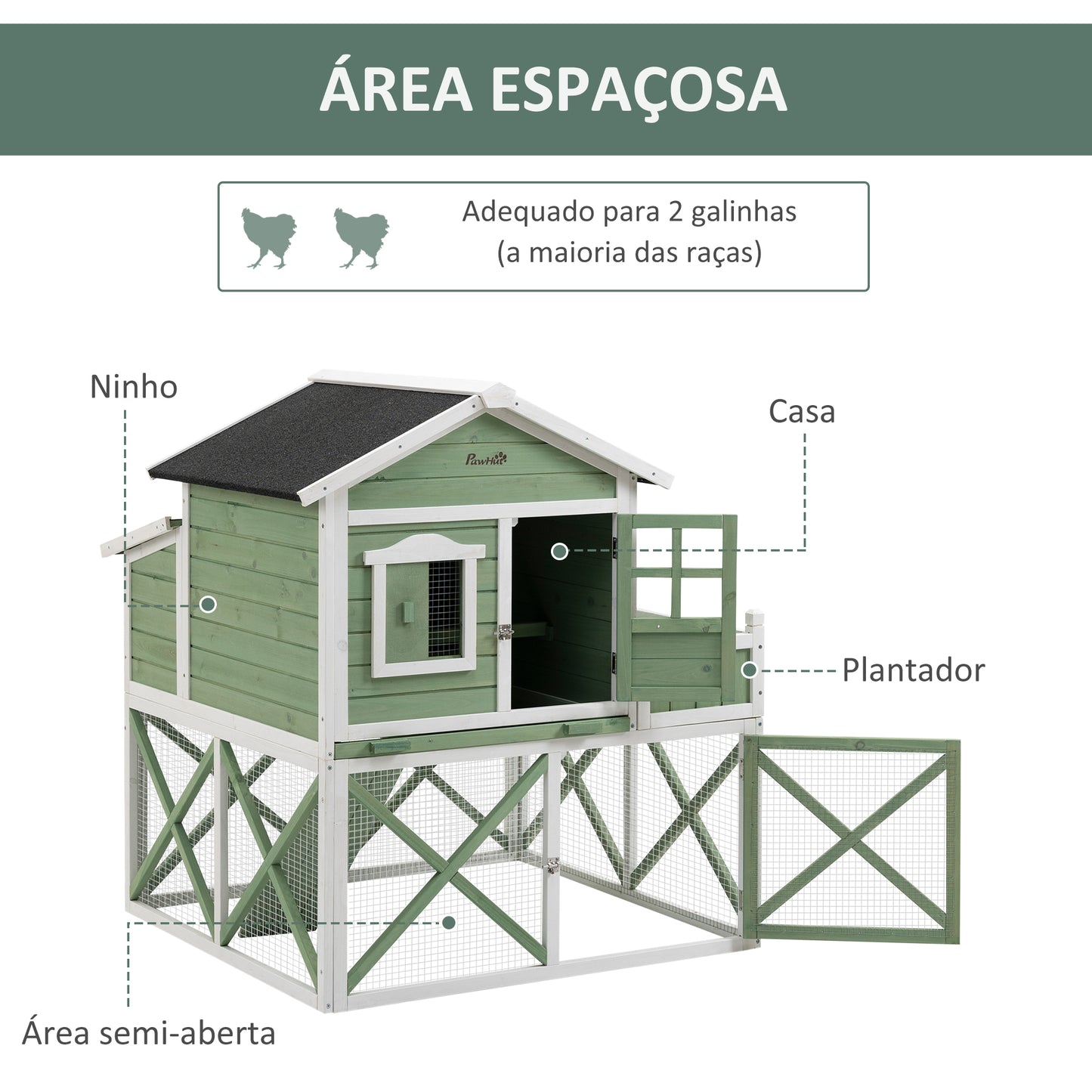 PawHut Galinheiro de Madeira Exterior Gaiola para 2 Galinhas com Grade de Arame Floreira para Cultivo Ninho Teto Asfáltico Bandeja Removível e Rampa 110x109x124cm Verde