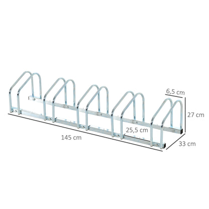 HOMCOM Estacionamento para 5 Bicicletas Suporte de Aço para Estacionar Bicicletas no Chão para Interior e Exterior 145x33x27cm Prata