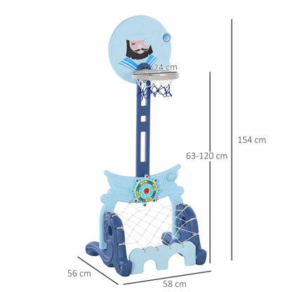 HOMCOM Tabela de Basquetebol 4 em 1 com Altura Ajustável para Crianças acima de 3 Anos Centro de Atividades Jogo de Golf Bola de Futebol 58x56x154cm Azul