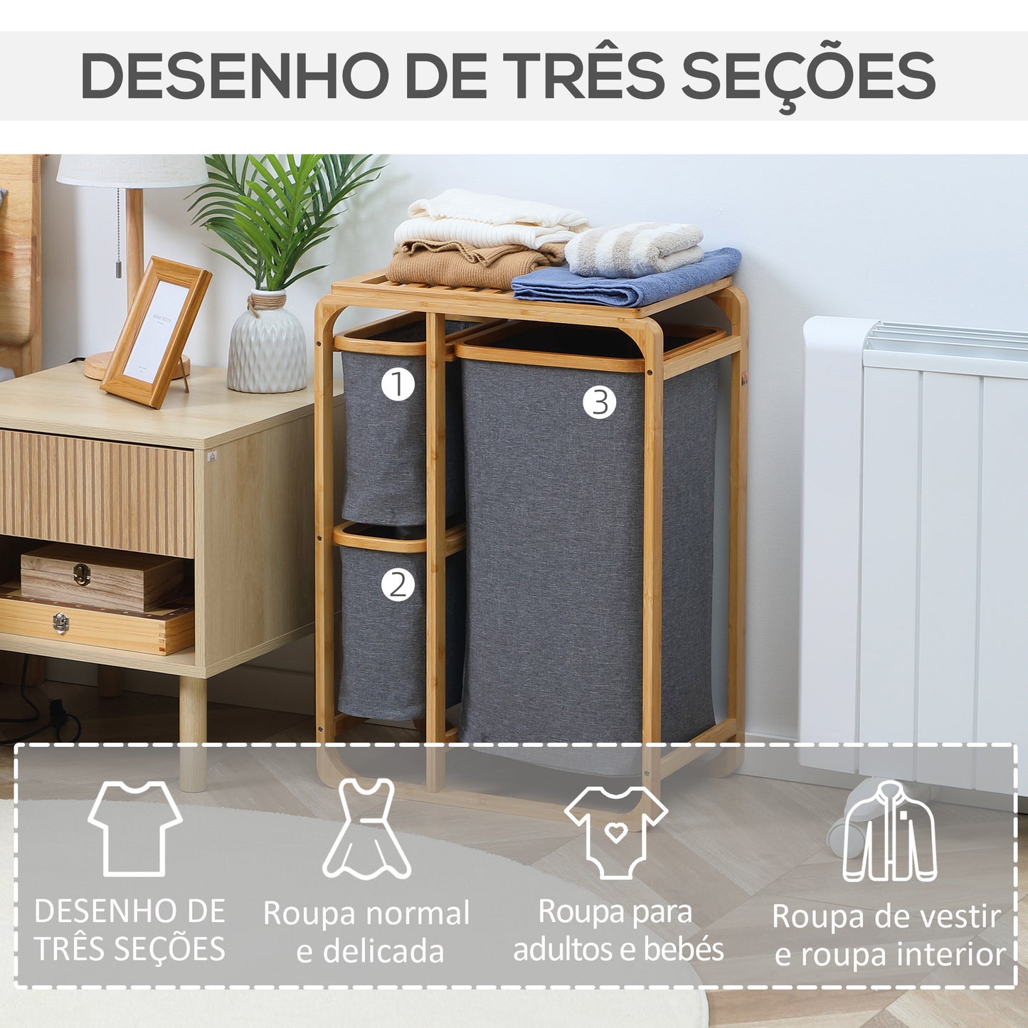 HOMCOM Cesto para Roupa Suja de Bambu Cesto de Roupa com 3 Bolsas de Tecido Amovíveis e Prateleira Aberta para Casa de Banho Dormitório 50x32x69,7cm Cinza e Madeira