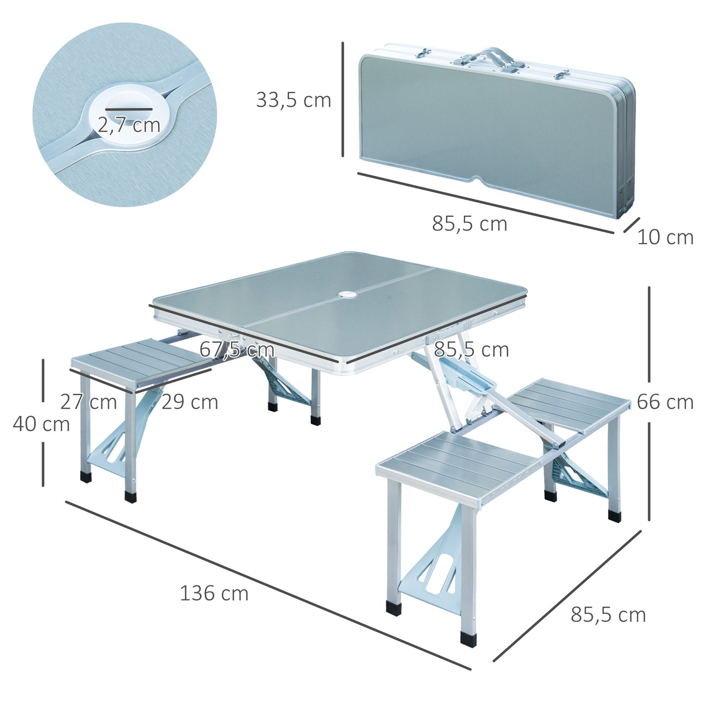 Outsunny Mesa de Campismo Dobrável com 4 Assentos Orifício para Chapéu de Sol e Estrutura de Alumínio para Praia Piquenique 136x85x66cm Prata