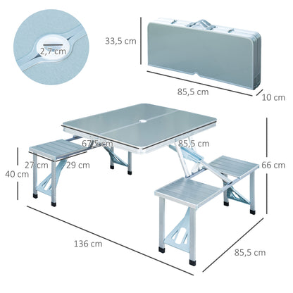 Outsunny Mesa de Campismo Dobrável com 4 Assentos Orifício para Chapéu de Sol e Estrutura de Alumínio para Praia Piquenique 136x85x66cm Prata