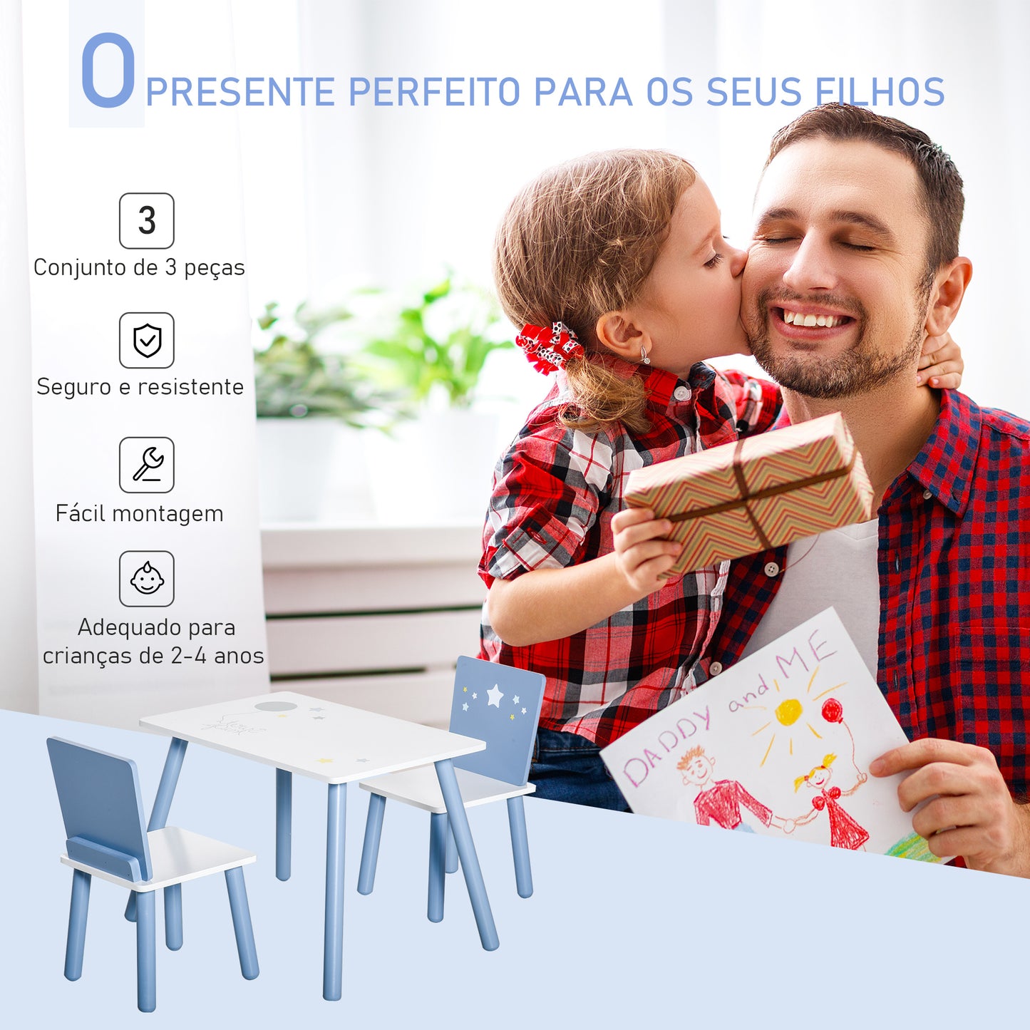 HOMCOM Conjunto de Mesa Infantil e 2 Cadeiras de Madeira Mesa com Cadeiras para Crianças de 2-4 Anos Mesa 60x40x43 cm e Cadeiras 28x26x48 cm para Dormitório Sala de Estar Branco e Azul