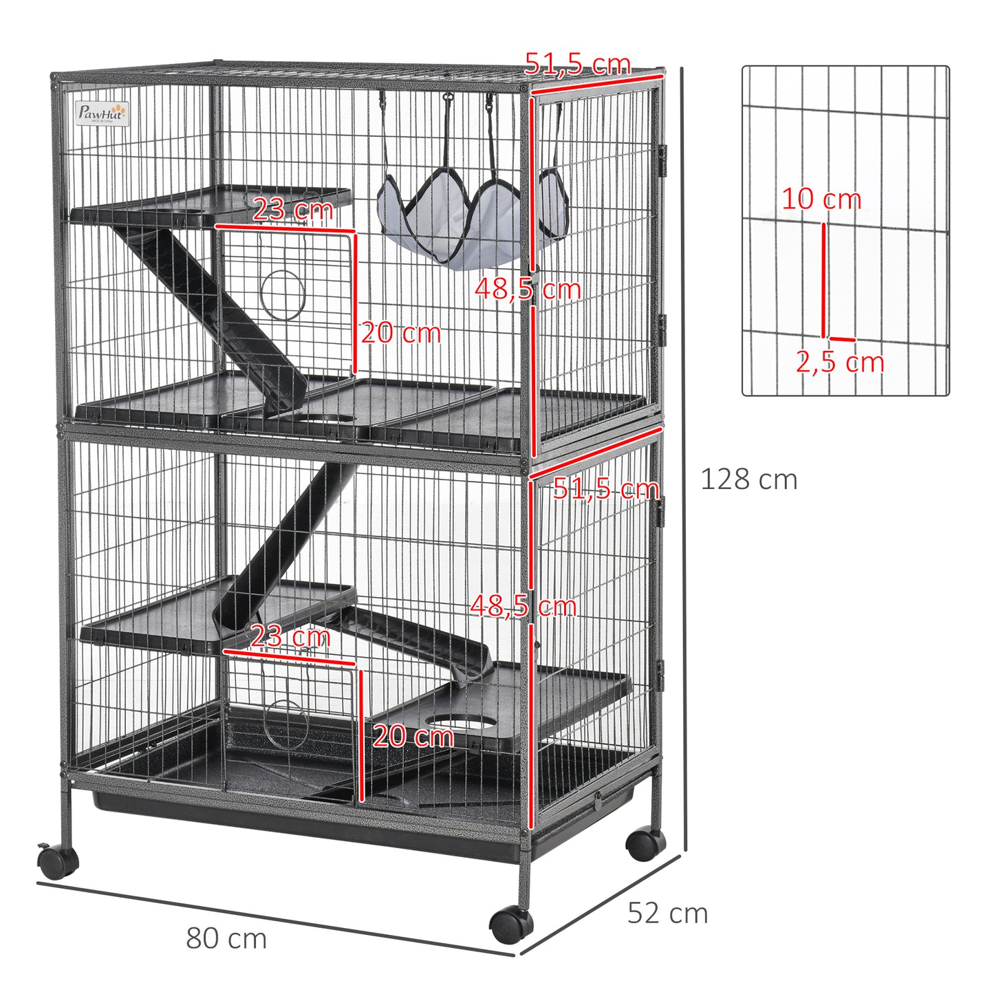 PawHut Grande Gaiola para Roedores 80x52x128 cm Casa de 4 Alturas com Rampas Suspensa Rede Bandeja Removível Rodas Portas Cinza Prateado