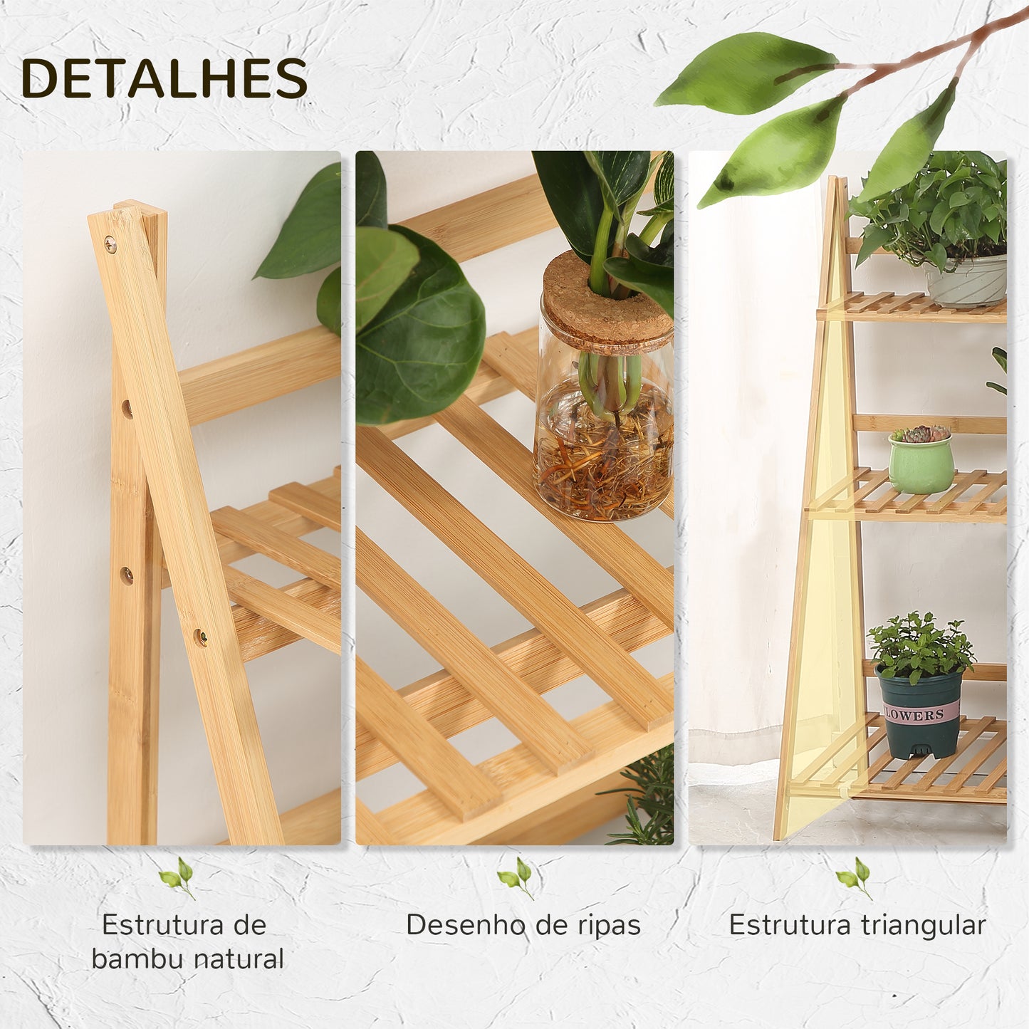 Outsunny Suporte para Plantas de 3 Níveis de Bambu Suporte para Flores Dobrável para Interior e Exterior 98x37x96,5cm Madeira