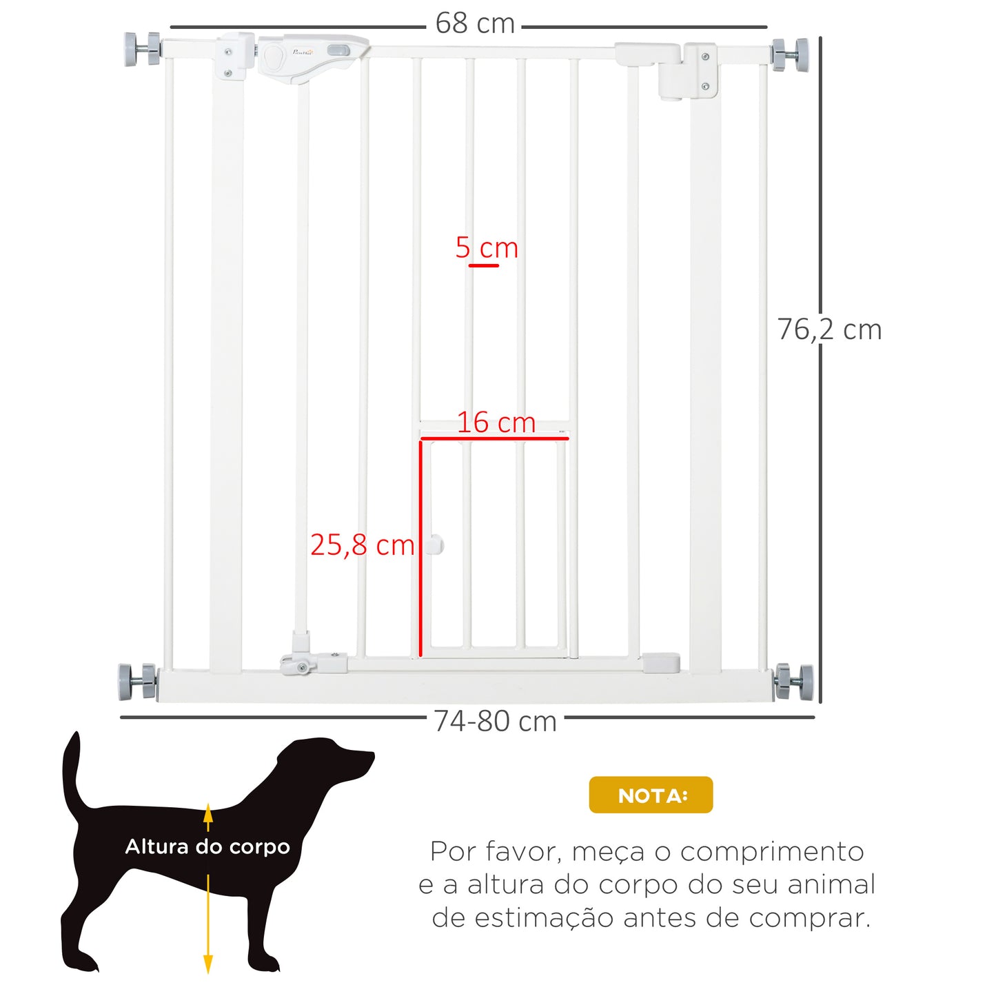 PawHut Barreira de Segurança para Cães Animais de Estimação 74-80cm para Escadas Portas e Corredor com Porta com Fechamento Automático e Sistema de Duplo Bloqueio Altura 76,2cm Branco