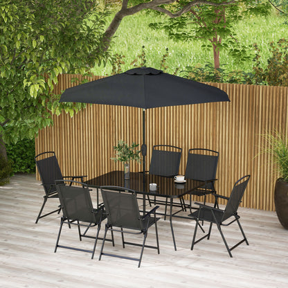 Outsunny Conjunto de Móveis de Jardim 8 Peças com 6 Cadeiras Dobráveis Mesa com Bancada de Vidro e Chapéu de Sol Inclinável Proteção Solar para Terraço Exterior Preto